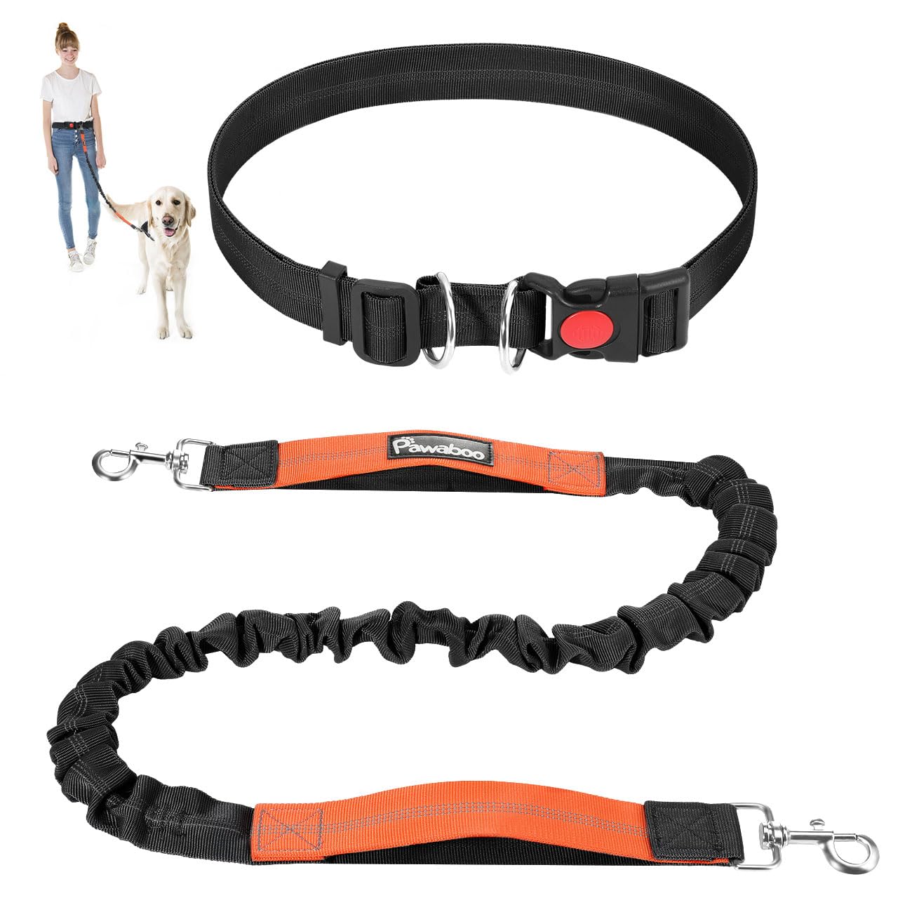 Pawaboo Hands Free Dog Leash with Waist Belt A Great Waist Leash for Dog Walking Double Handle Bungee Leash with Reflective Stitching & Adjustable Dog Walking Belt for Walking Hiking Running Black