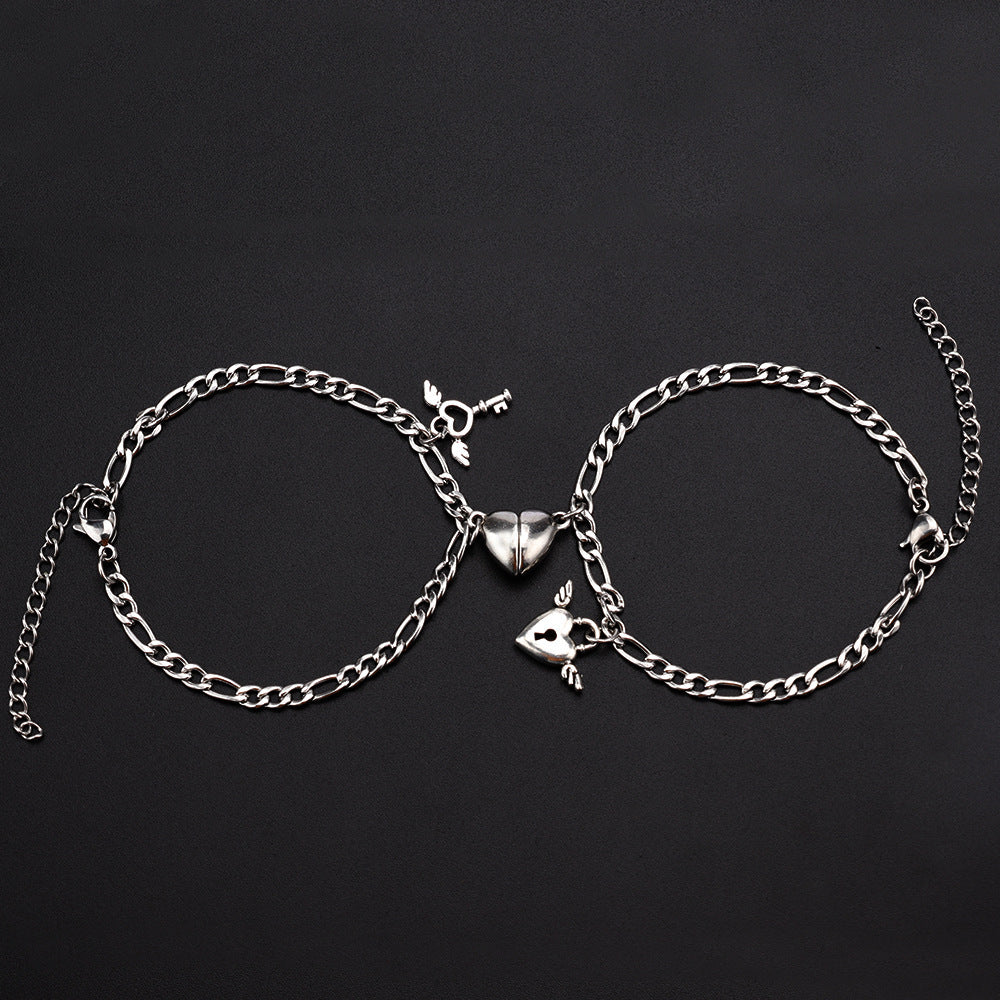 Stainless Steel Heart-Shaped Couple Bracelet with Lock