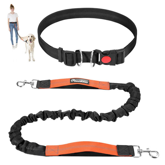 Pawaboo Hands Free Dog Leash with Waist Belt A Great Waist Leash for Dog Walking Double Handle Bungee Leash with Reflective Stitching & Adjustable Dog Walking Belt for Walking Hiking Running Black